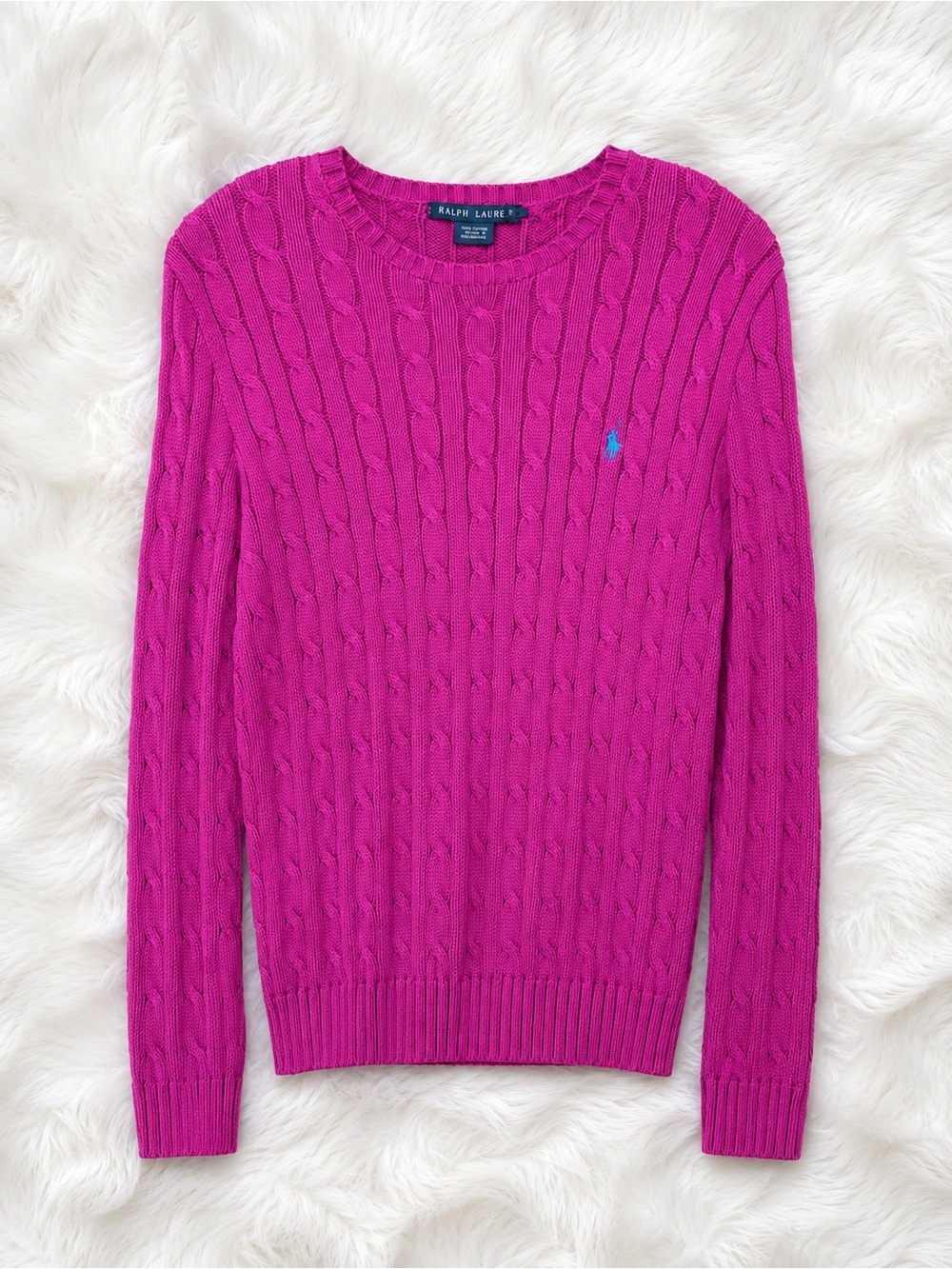 Polo Ralph Lauren Sport Cable Knit Sweater Pink Magenta Blue Pony | Size Large